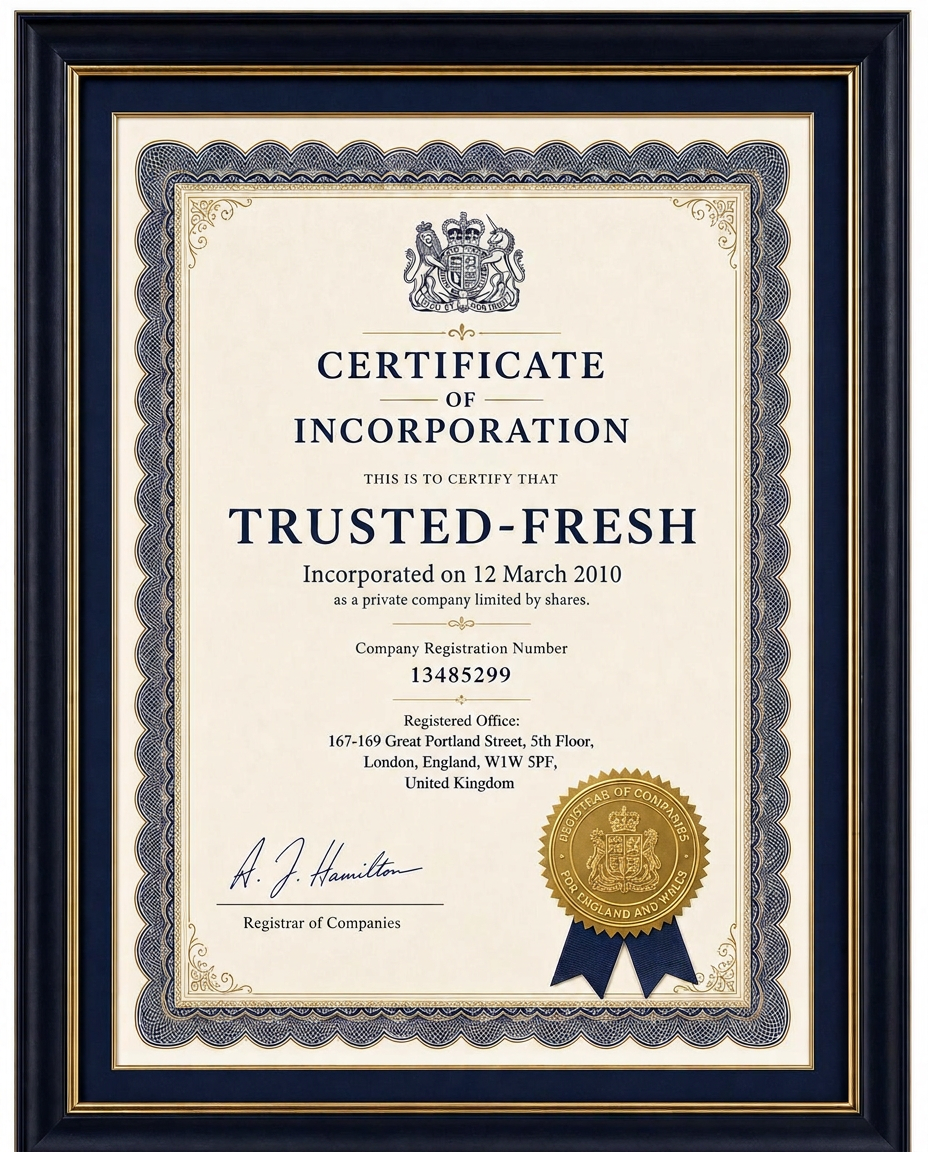 Framed certificate of incorporation for TRUSTED-FRESH LTD, registration number 13485299